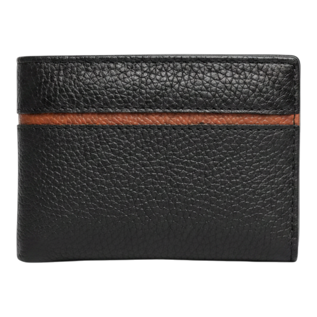 Premium Genuine Cow Leather Bifold Wallet for Men - Textured Black with Tan Accent Stripe