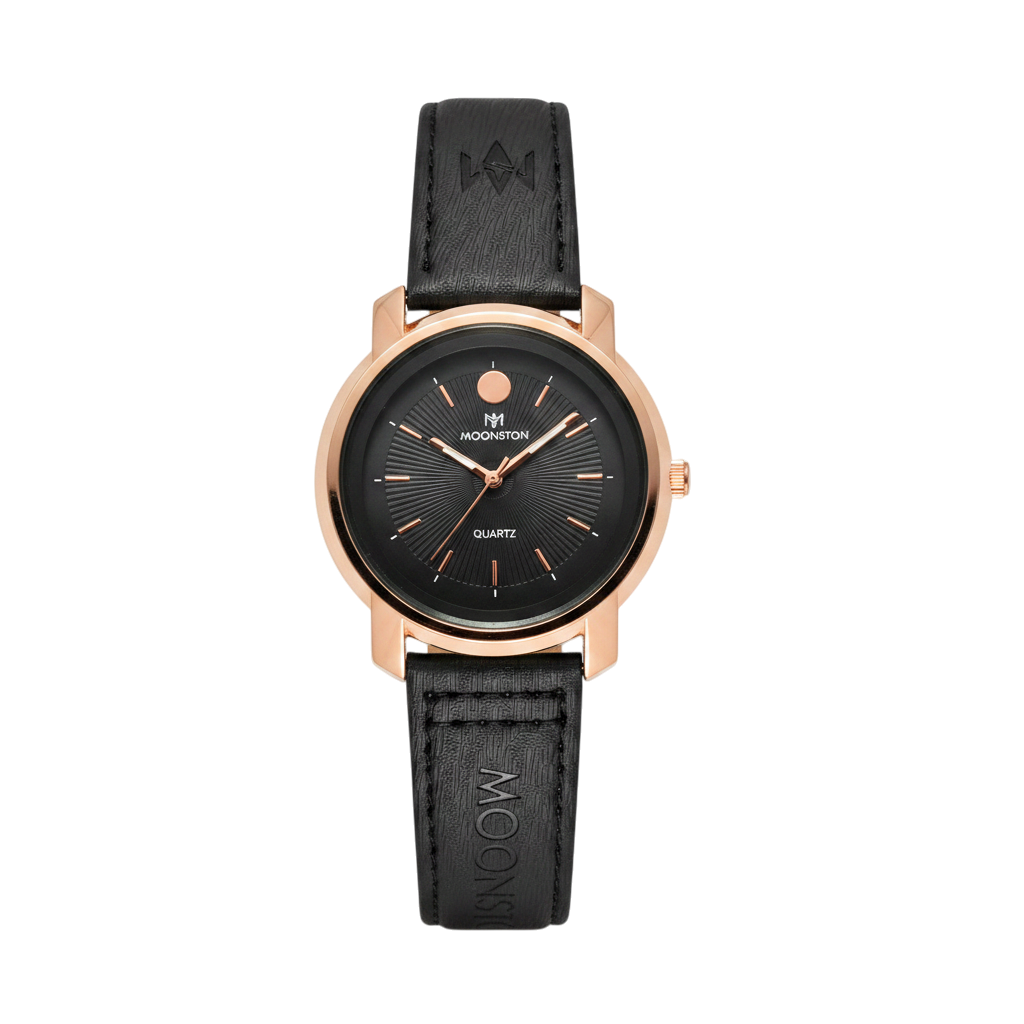 Moonston Men's Premium Quartz Watch – Luxury Rose Gold Case with Textured Black Dial and Stitched Leather Strap