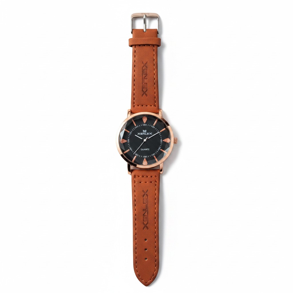 Xenlex Men's Luxury Quartz Watch β Sleek Black Dial with Premium Brown Leather Strap