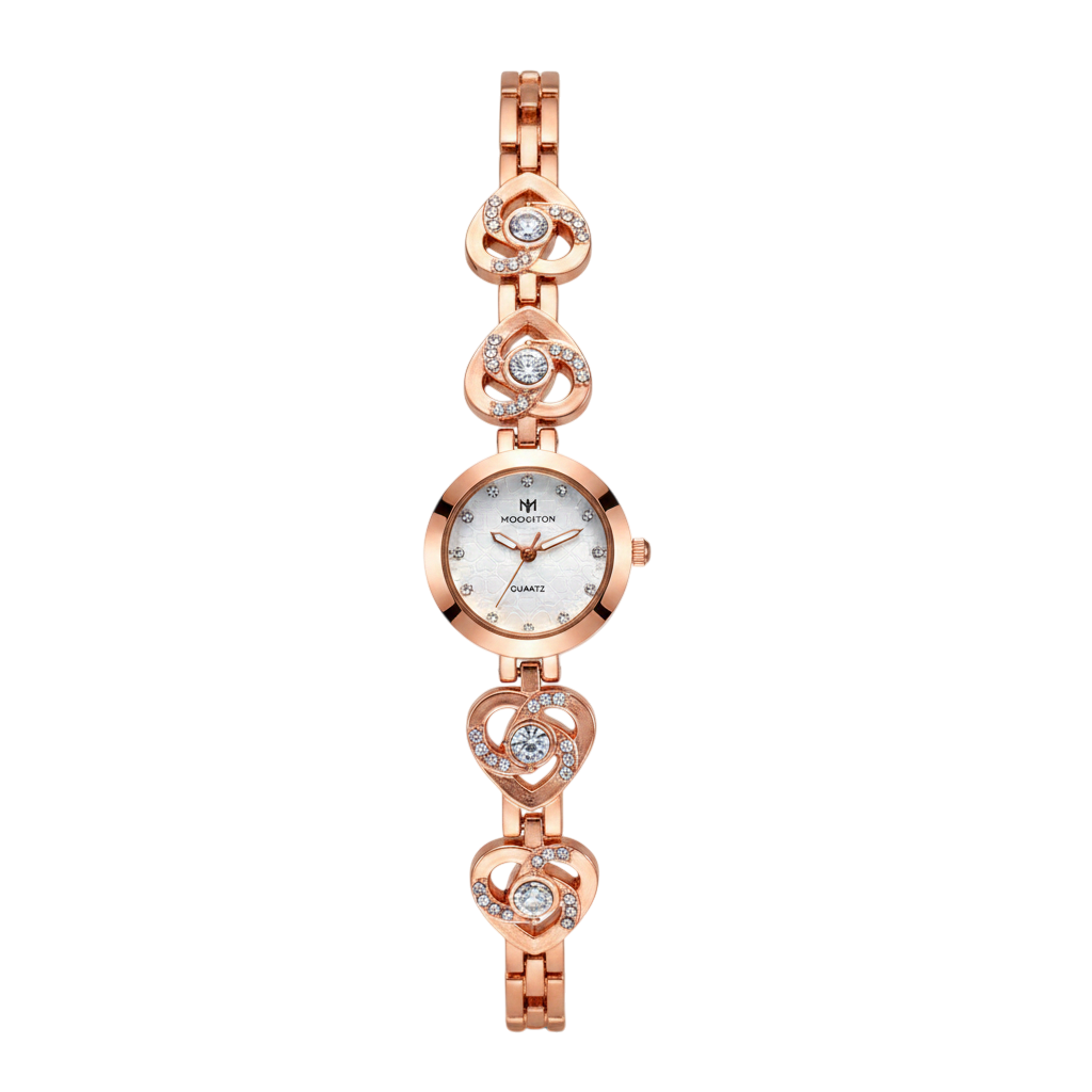 Moonston Luxury Rose Gold Heart Bracelet Watch for Women β Elegant Rhinestone Studded Quartz Analogue Ladies Wristwatch
