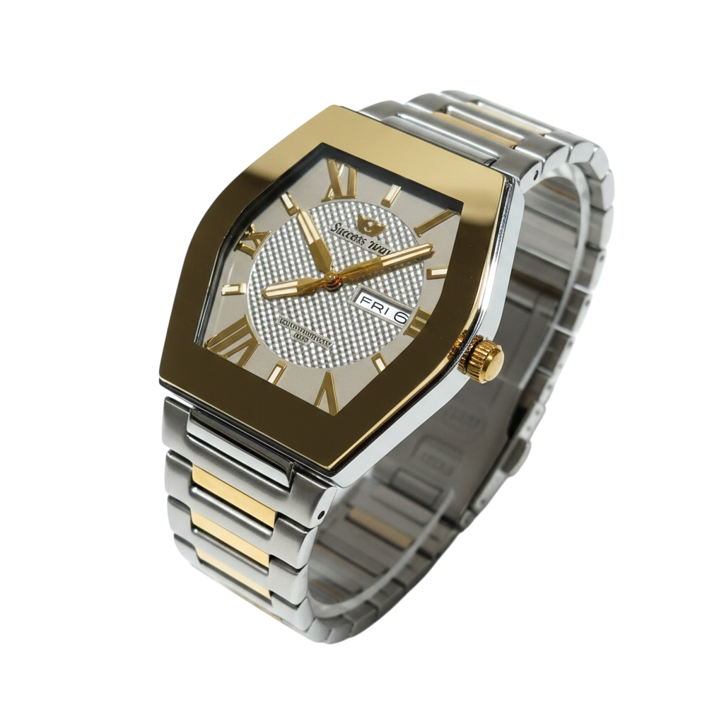 Men's Luxury Two-Tone Dress Watch β Tonneau Shaped Square Dial with Day & Date Display