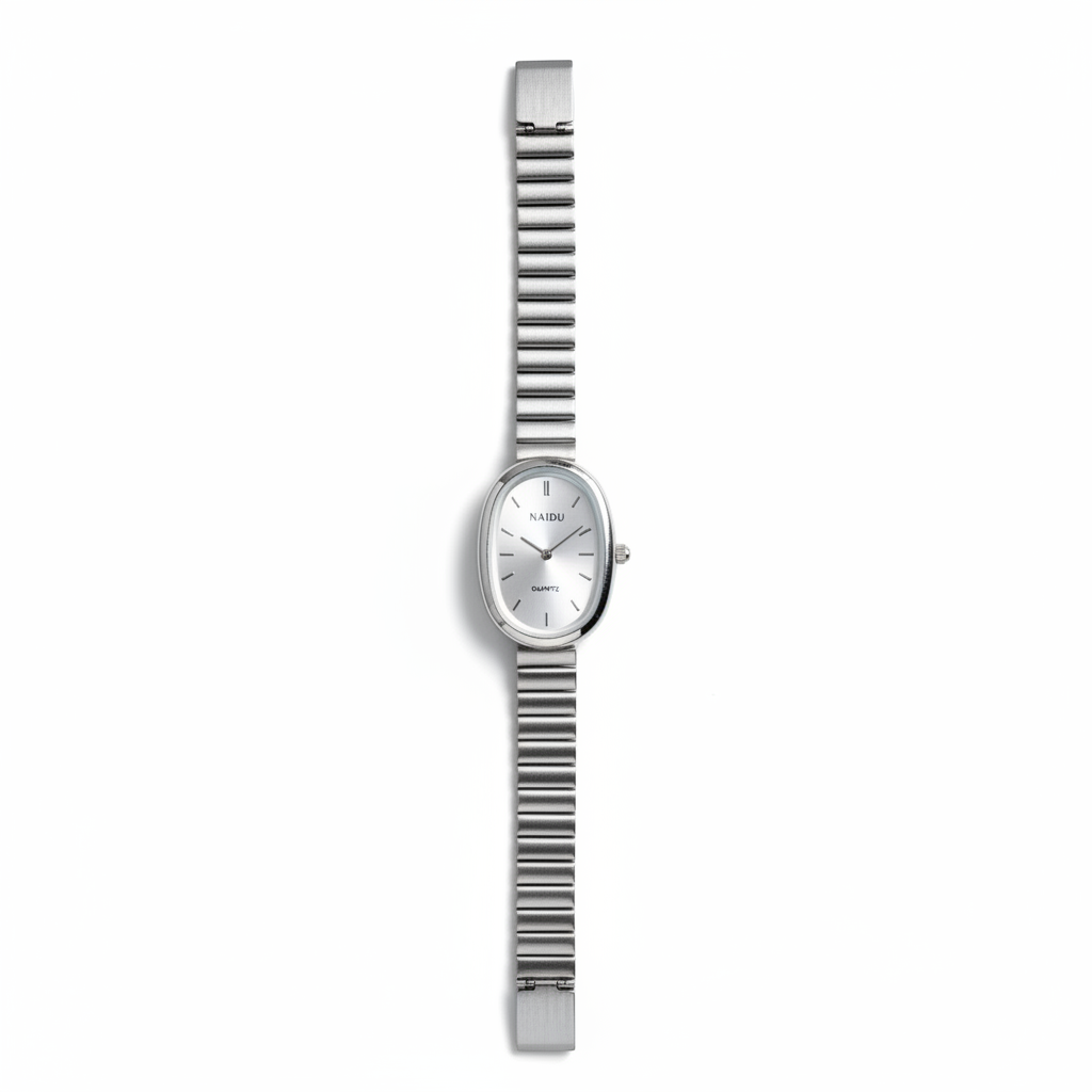 NAIDU Elegant Oval Quartz Watch for Women – Minimalist Silver Stainless Steel Link Bracelet