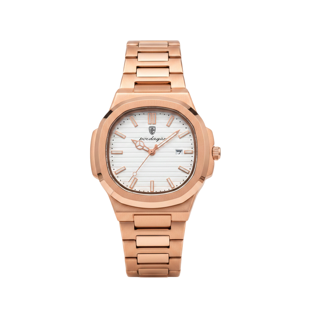 POEDAGAR 613 Men's Luxury Quartz Watch – Rose Gold Stainless Steel Integrated Bracelet, Luminous Hands, Date Calendar Display, 3ATM Waterproof Business Casual Square Wristwatch