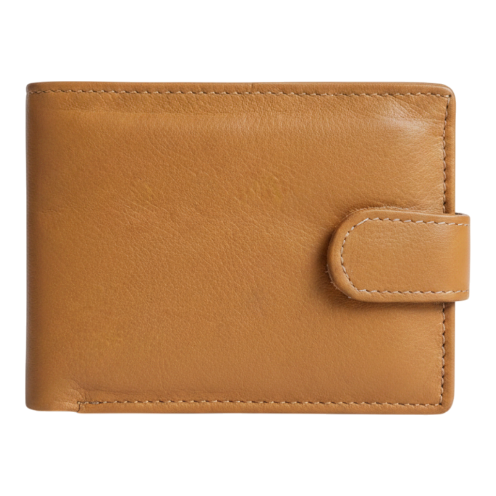 Premium Genuine Cowhide Leather Men's Bifold Wallet with Secure Strap Closure β Tan Brown