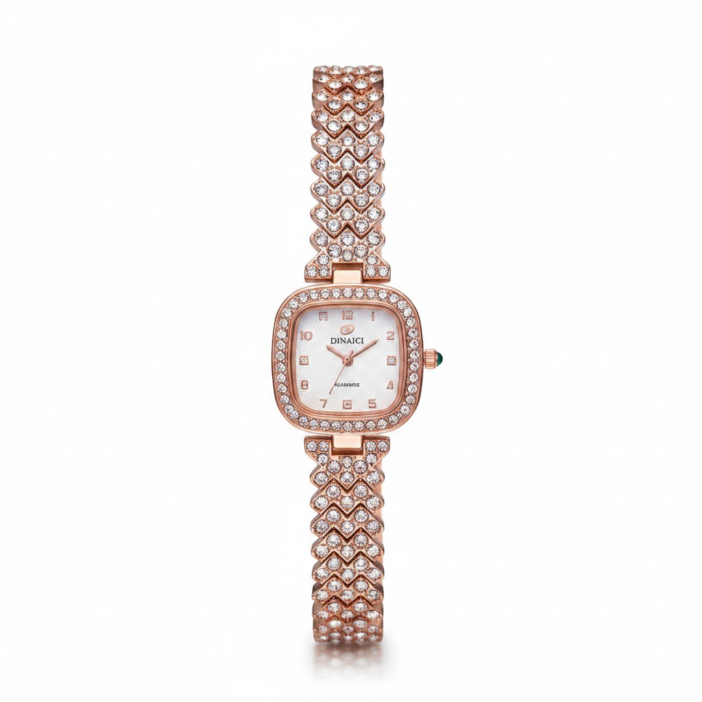 Luxury Square Dial Rhinestone Watch for Girls & Women – Elegant Rose Gold Crystal Studded Bracelet Wristwatch
