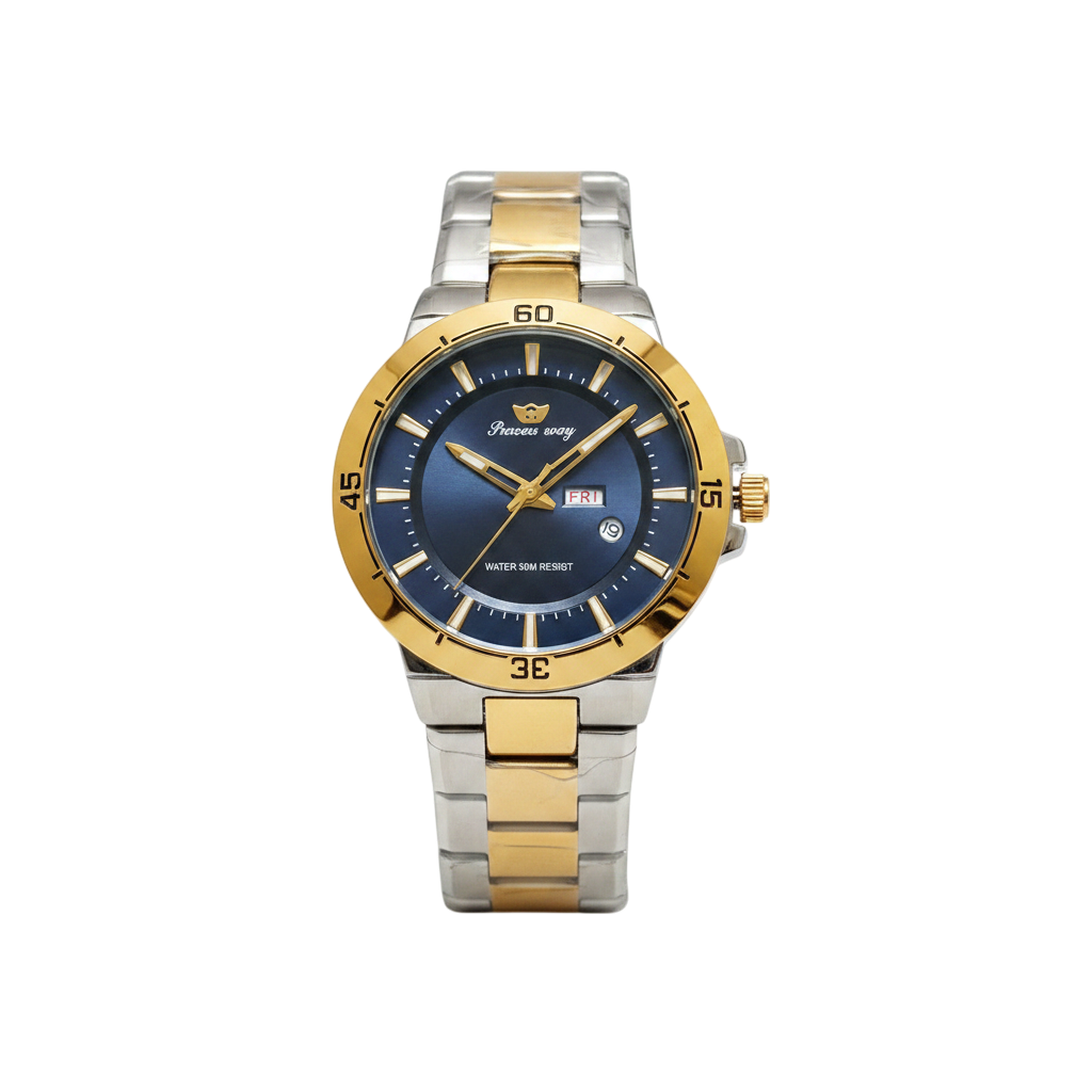 Success Way Menβs Luxury Two-Tone Quartz Watch β Deep Blue Sunburst Dial, Date/Week Display, Gold & Silver Stainless Steel Chain, 30M Water Resistant Elegant Sports Dress Timepiece