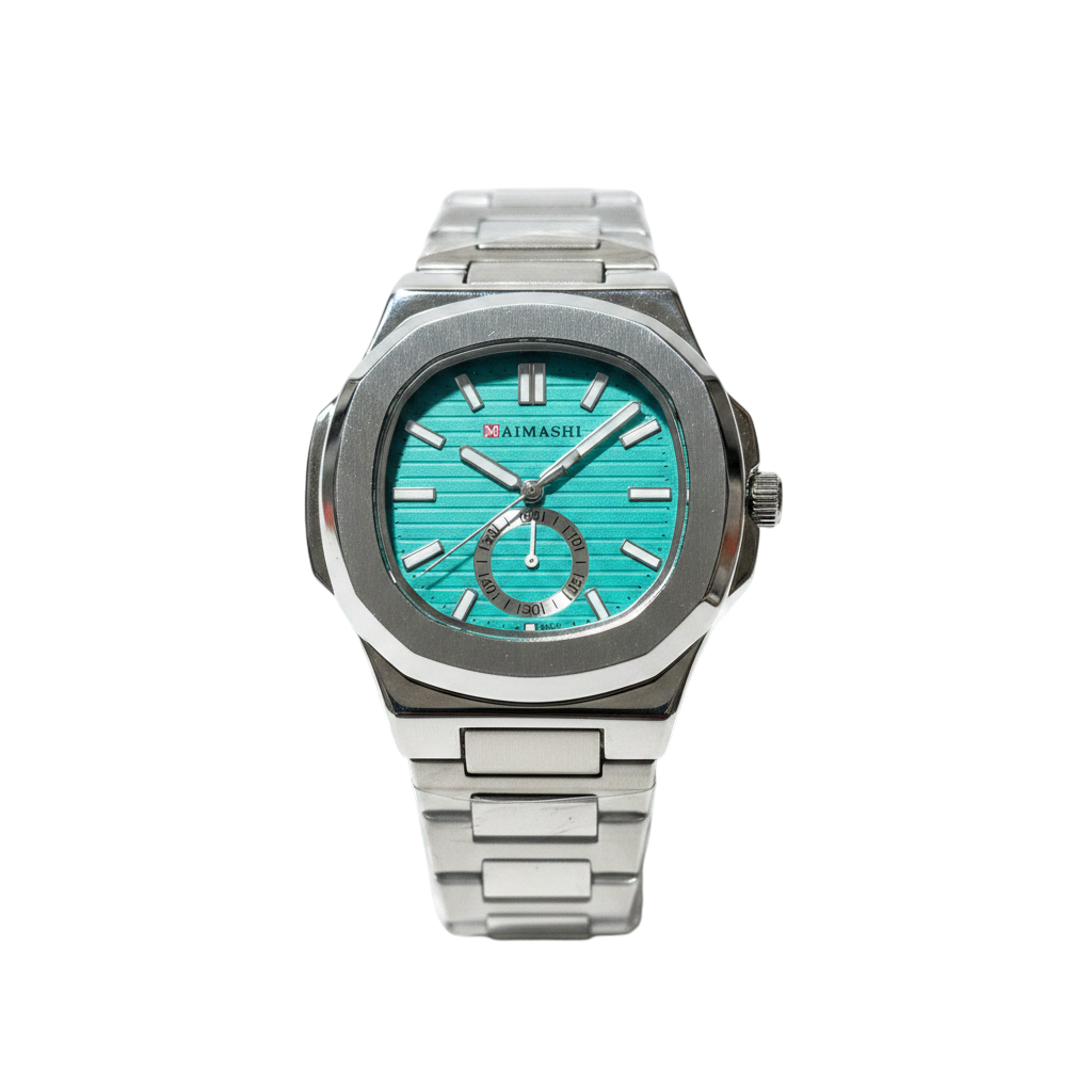 MAIMASHI Men's Luxury Quartz Watch β Nautilus Shape Octagonal Bezel Stainless Steel Chain Wristwatch with Turquoise Textured Dial