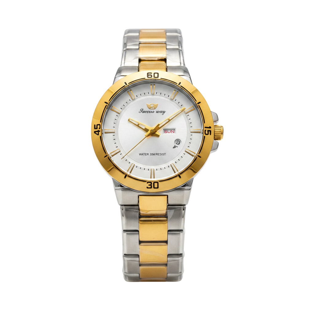 Men's Luxury Quartz Watch – Two-Tone Gold & Silver Stainless Steel Chain, Day-Date Display, 30M Water Resistant