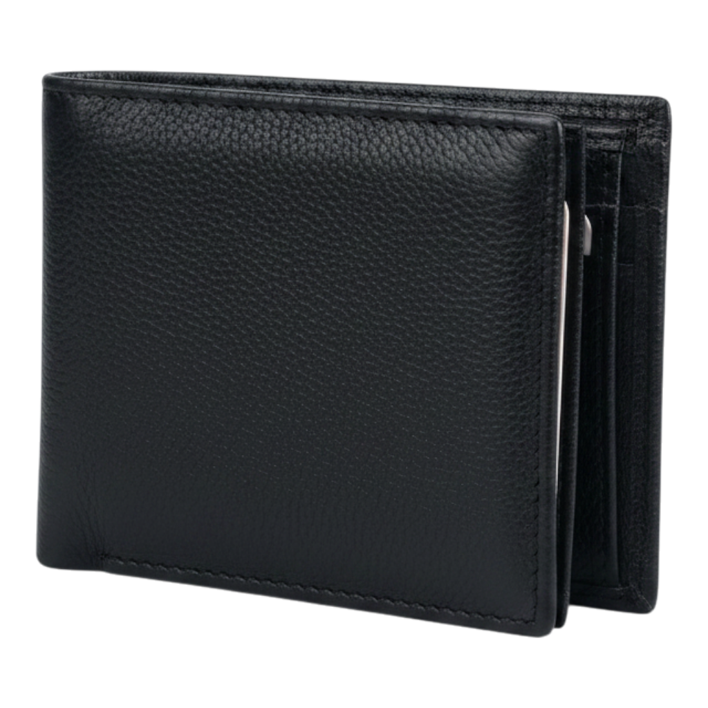 Premium Men's Genuine Pebbled Leather Bifold Wallet – Classic Black Slim Pocket Wallet