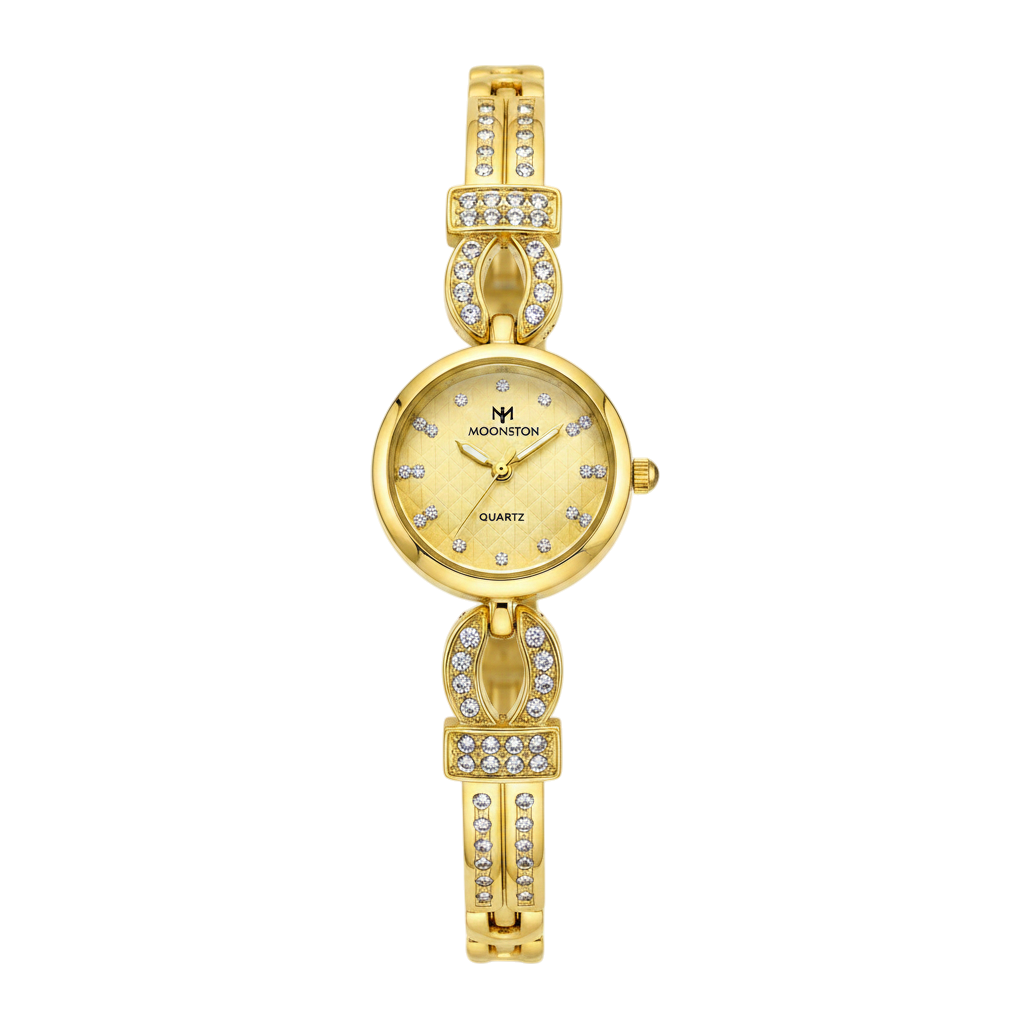 Moonston Luxury Gold-Tone Women's Bracelet Watch – Crystal Studded Oval Dial Dress Watch